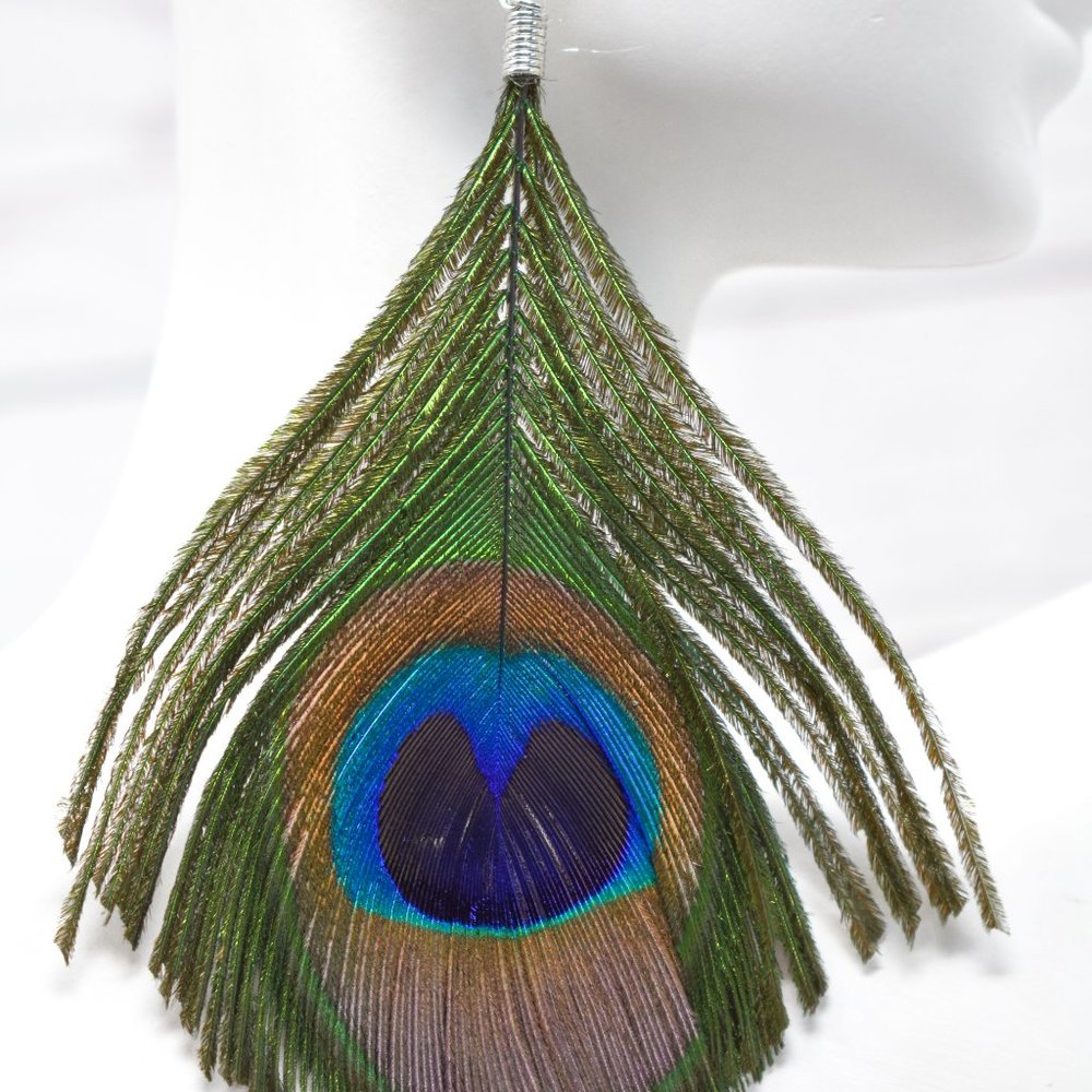 3.5" Drop Peacock Feather Dangle Earrings - Picture 10 of 12